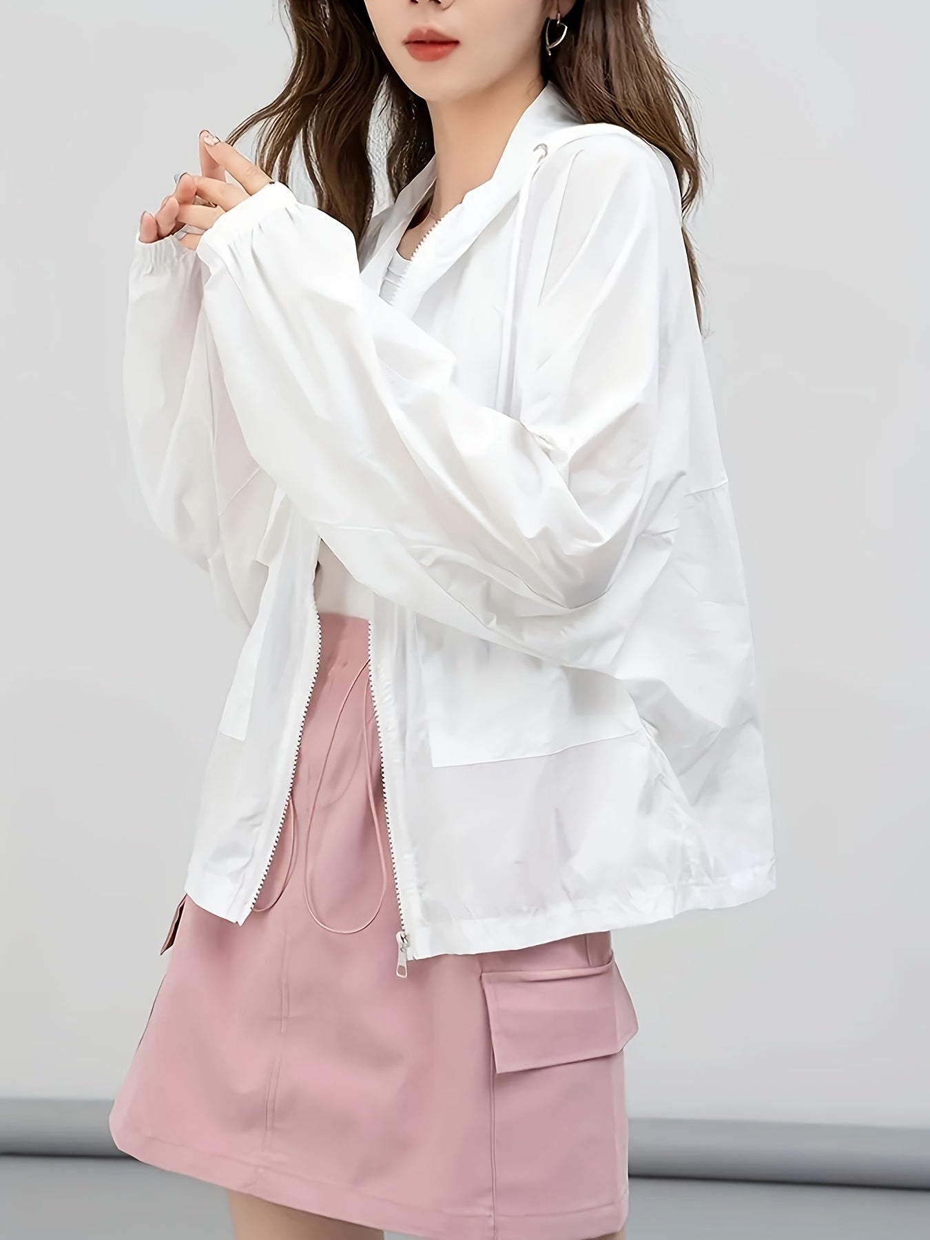 Women'S Casual Loose-Fit Breathable Hooded Jacket - Lightweight Sun Protection Beach Cover-Up, White with Black Pockets, Perfect for Spring & Summer, Casual Wear Hoodie|Relaxed Fit Hoodie|Lightweight Jacket