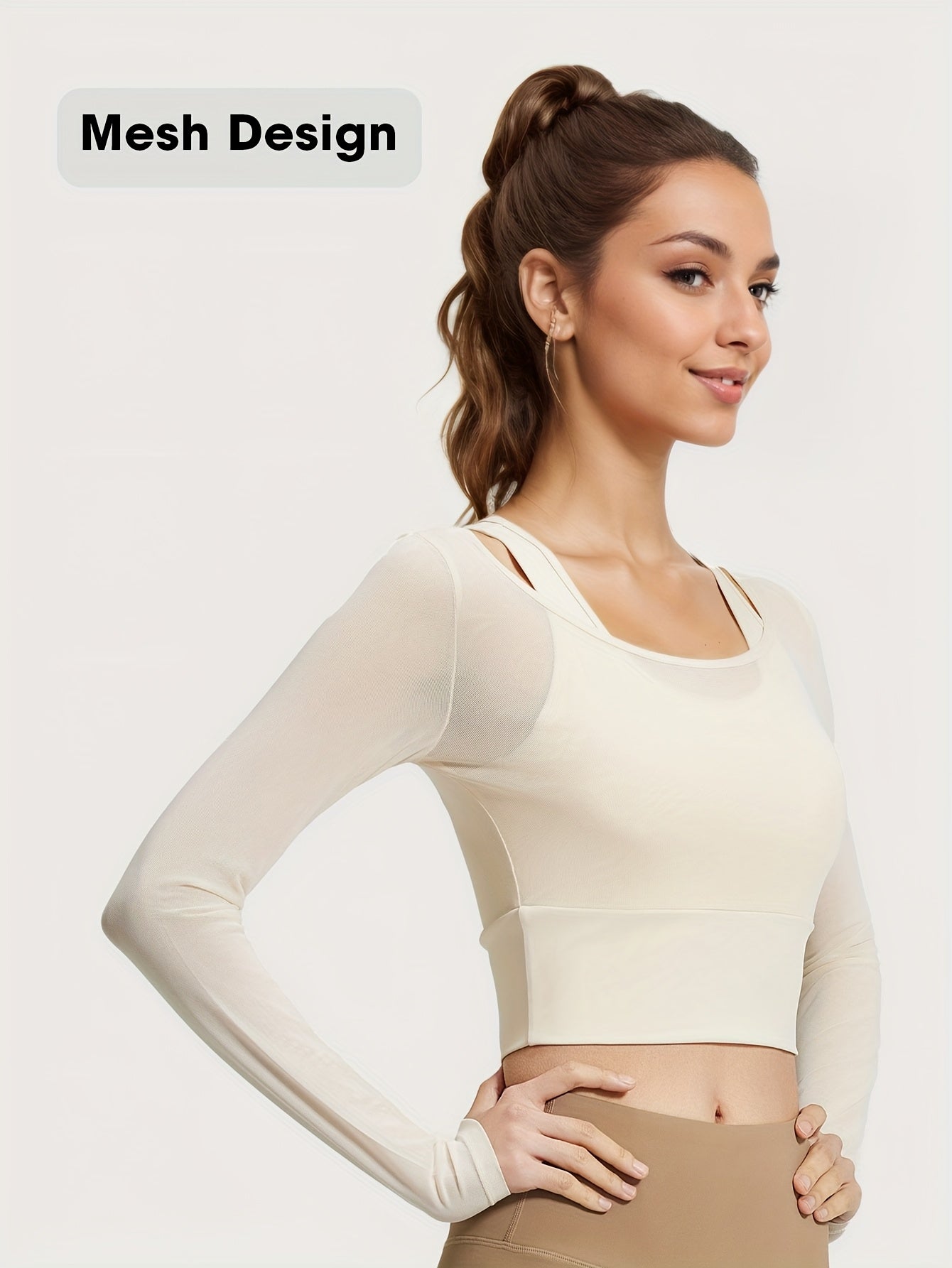 3 Colors New Spring\u002FSummer Mesh Two-Piece Yoga Set with Fixed Bra, Long Sleeve Women's Yoga Top, Slimming Elastic Waist Shaper, No-Bra Workout Fitness Shirt
