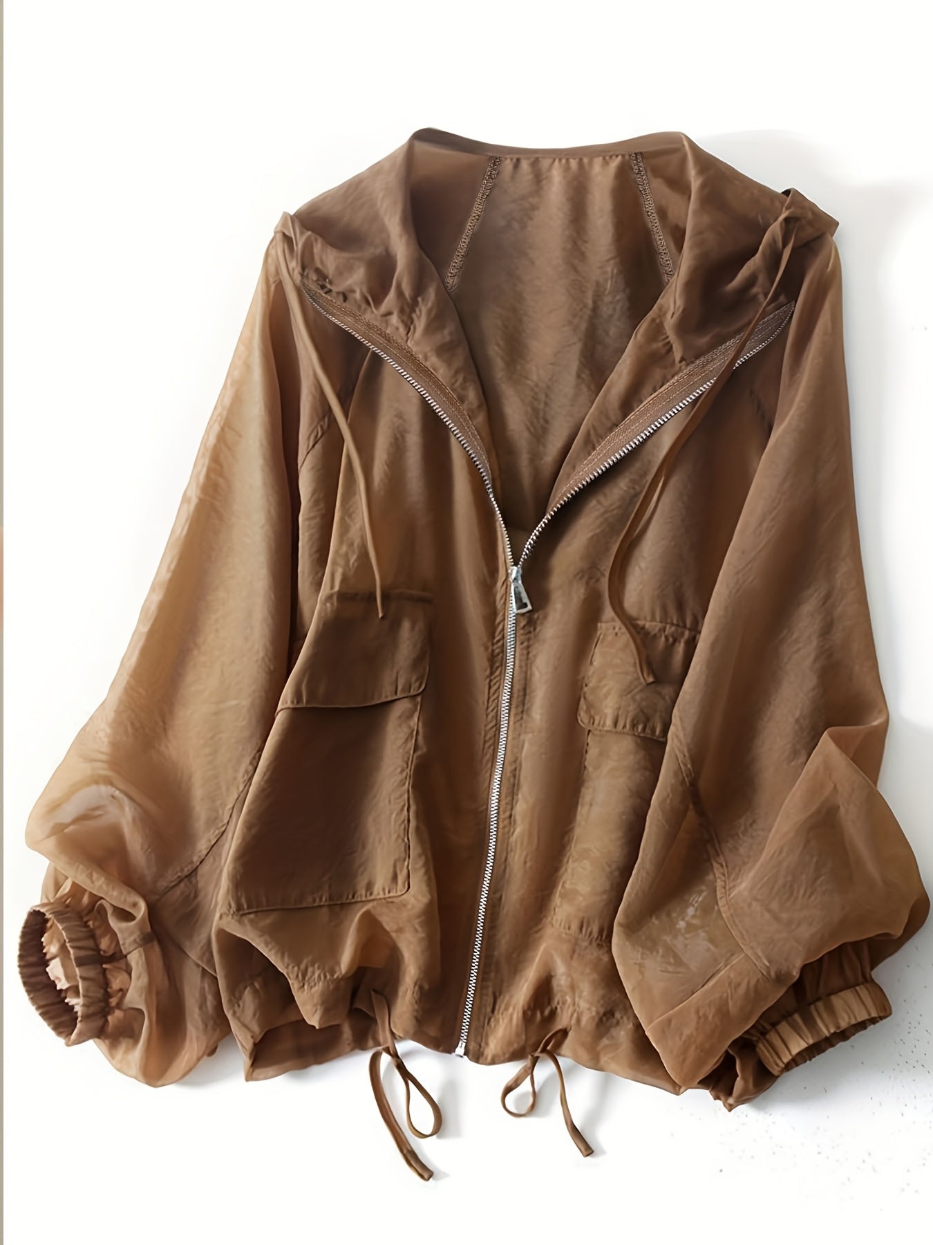 Women'S Lightweight Breathable Sun Protection Hooded Jacket - Casual Solid Color Zip-Up Long Sleeve Outerwear with Drawstring Detail, Spring\u002FSummer Collection, Loose Fit, Polyester Fabric