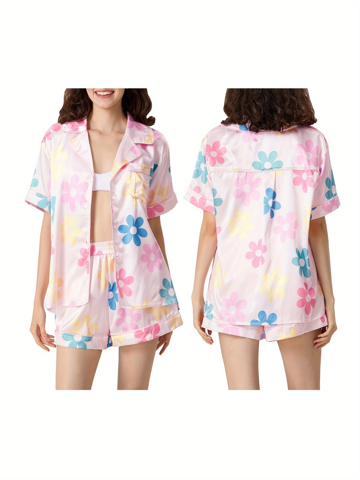 Women'S 2pcs Pajama Set, Polyester Lounge Wear with Guitar\u002FButterfly\u002FGoblet\u002FCroissant Print, Short Sleeve Top & Shorts Sleepwear Outfit, Casual All-Season Nightwear with Collared Shirt, Woven
