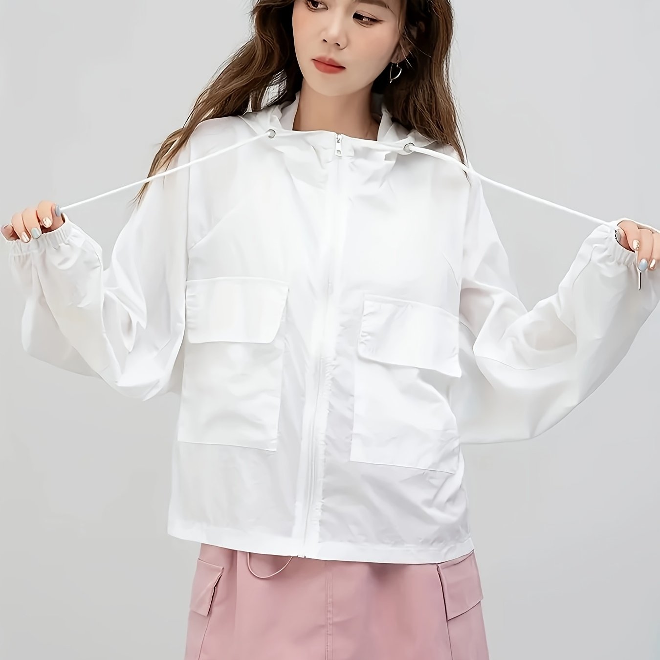 Women'S Casual Loose-Fit Breathable Hooded Jacket - Lightweight Sun Protection Beach Cover-Up, White with Black Pockets, Perfect for Spring & Summer, Casual Wear Hoodie|Relaxed Fit Hoodie|Lightweight Jacket