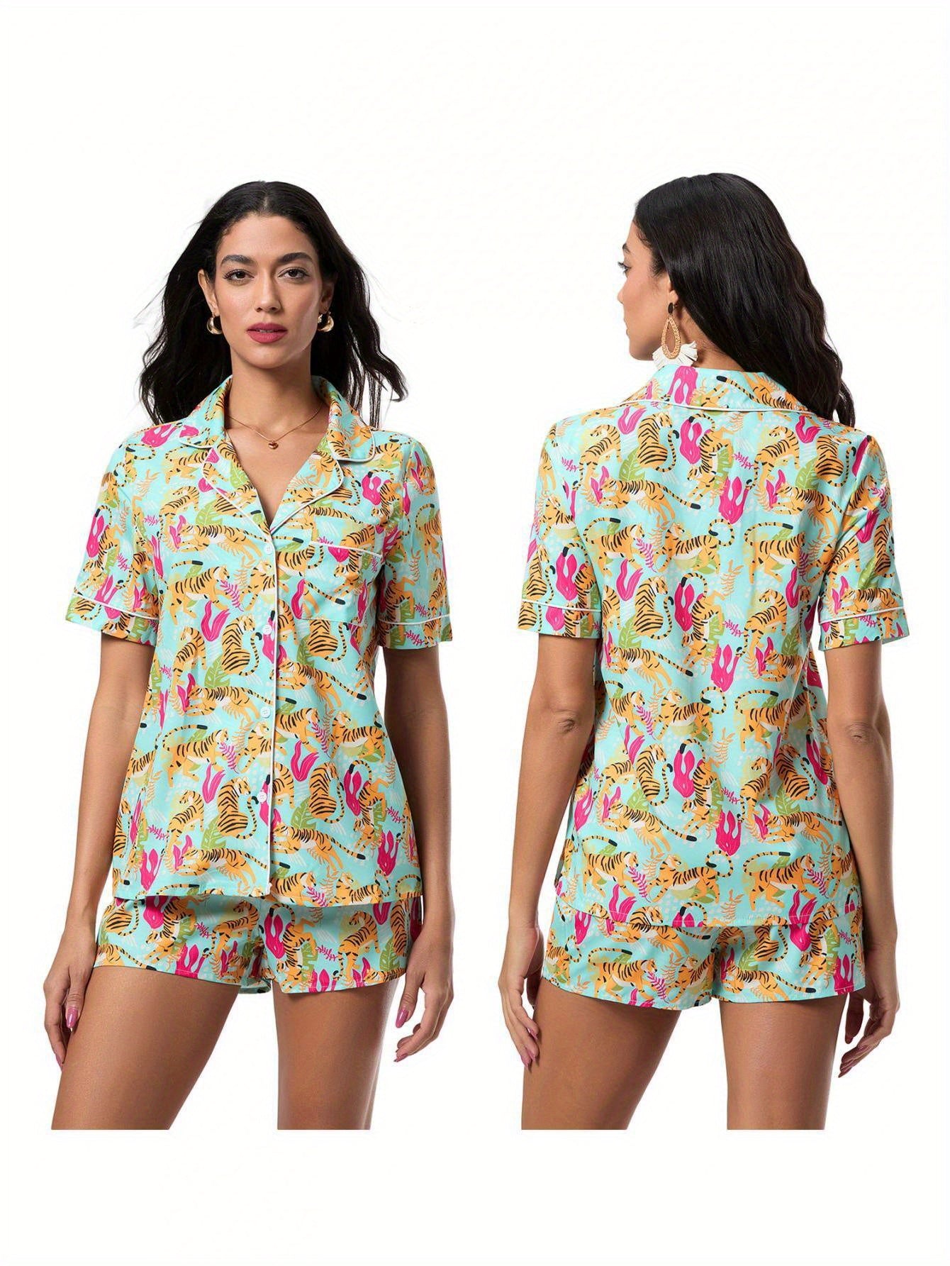 Women'S Summer Pajama Set with Animal Print Button-Up Shirt and Elastic Shorts for 2pcs Loungewear Soft Sleepwear