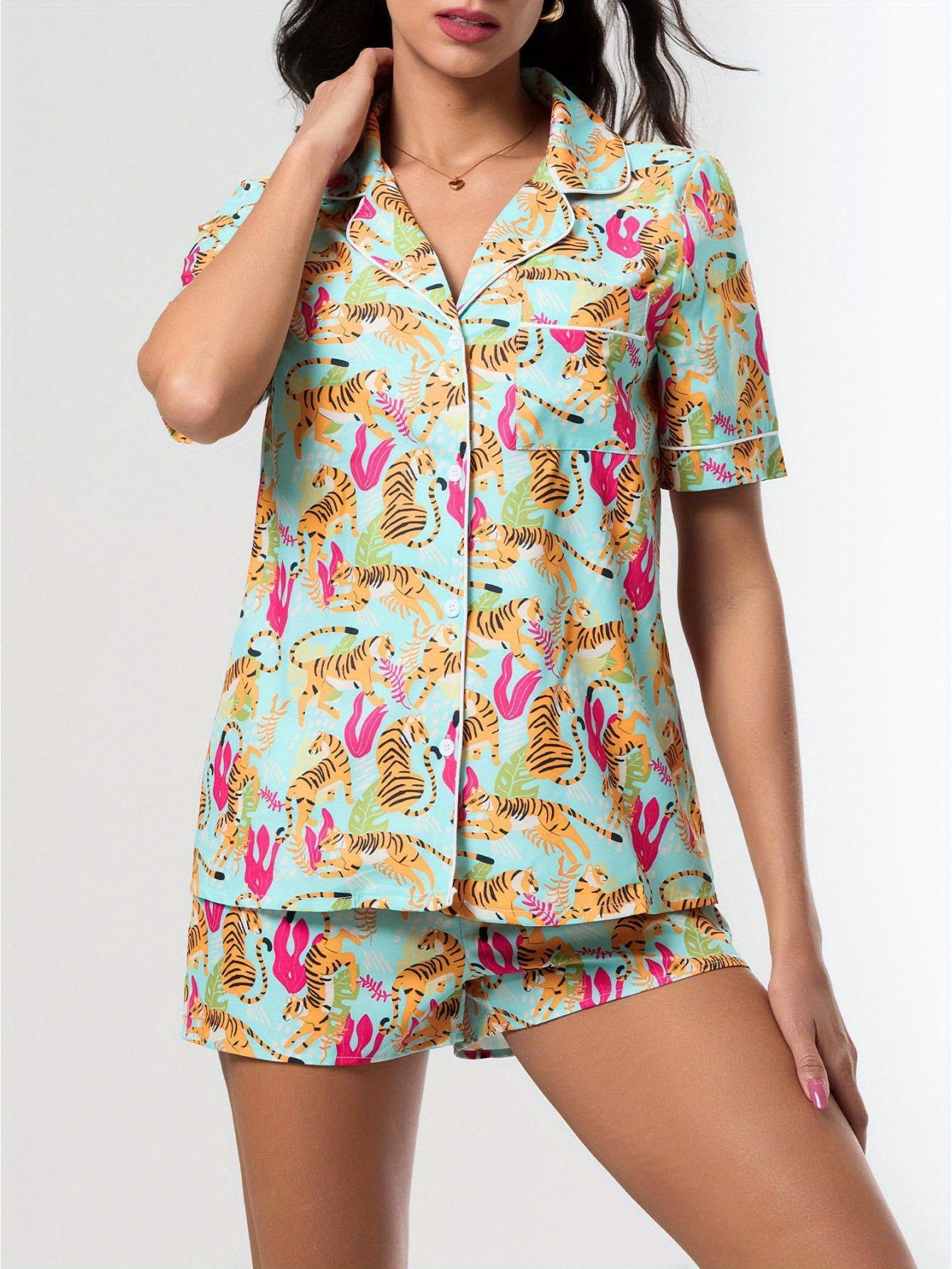 Women'S Summer Pajama Set with Animal Print Button-Up Shirt and Elastic Shorts for 2pcs Loungewear Soft Sleepwear