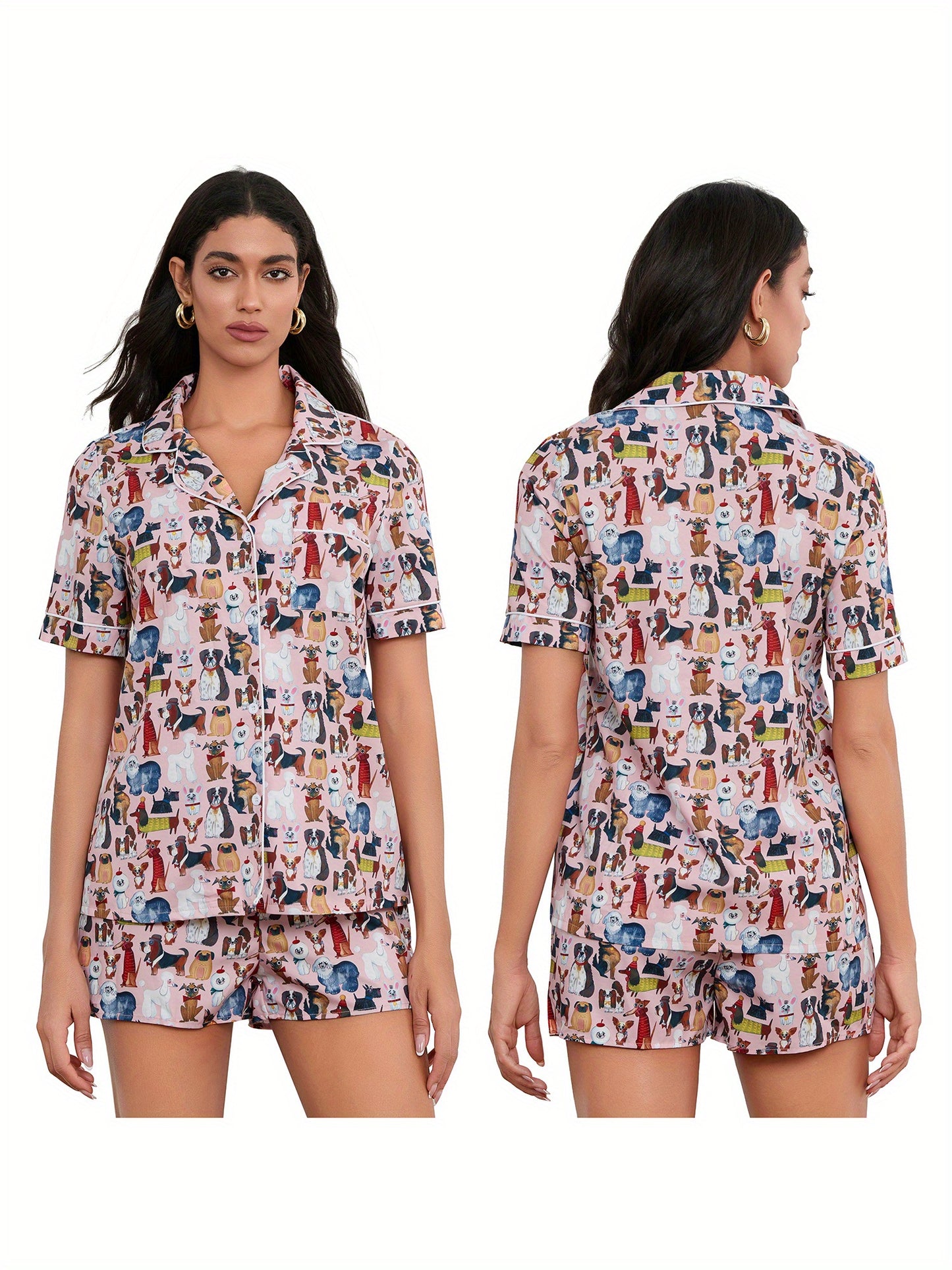 Women'S Summer Pajama Set with Animal Print Button-Up Shirt and Elastic Shorts for 2pcs Loungewear Soft Sleepwear