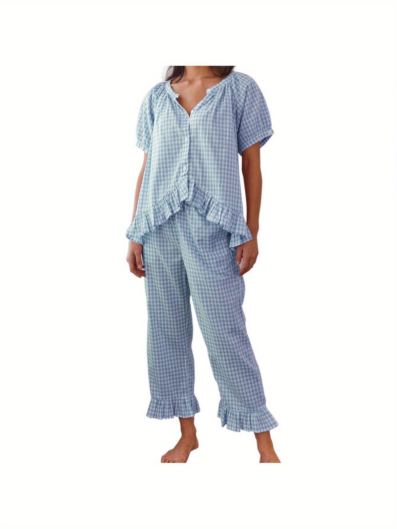 Womens 2pcs Pajama Set Short Sleeve Plaid Print Button Up Shirt + Ruffle Pants Set Sleepwear Loungewear