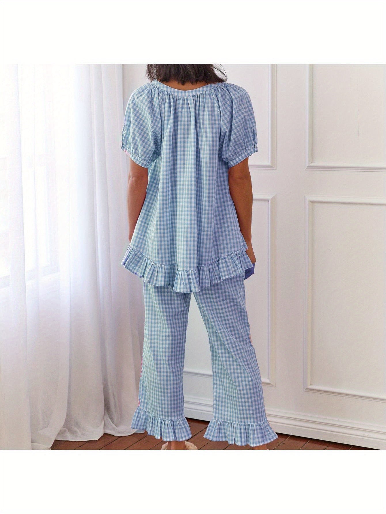 Womens 2pcs Pajama Set Short Sleeve Plaid Print Button Up Shirt + Ruffle Pants Set Sleepwear Loungewear