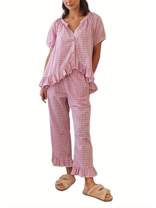 Womens 2pcs Pajama Set Short Sleeve Plaid Print Button Up Shirt + Ruffle Pants Set Sleepwear Loungewear