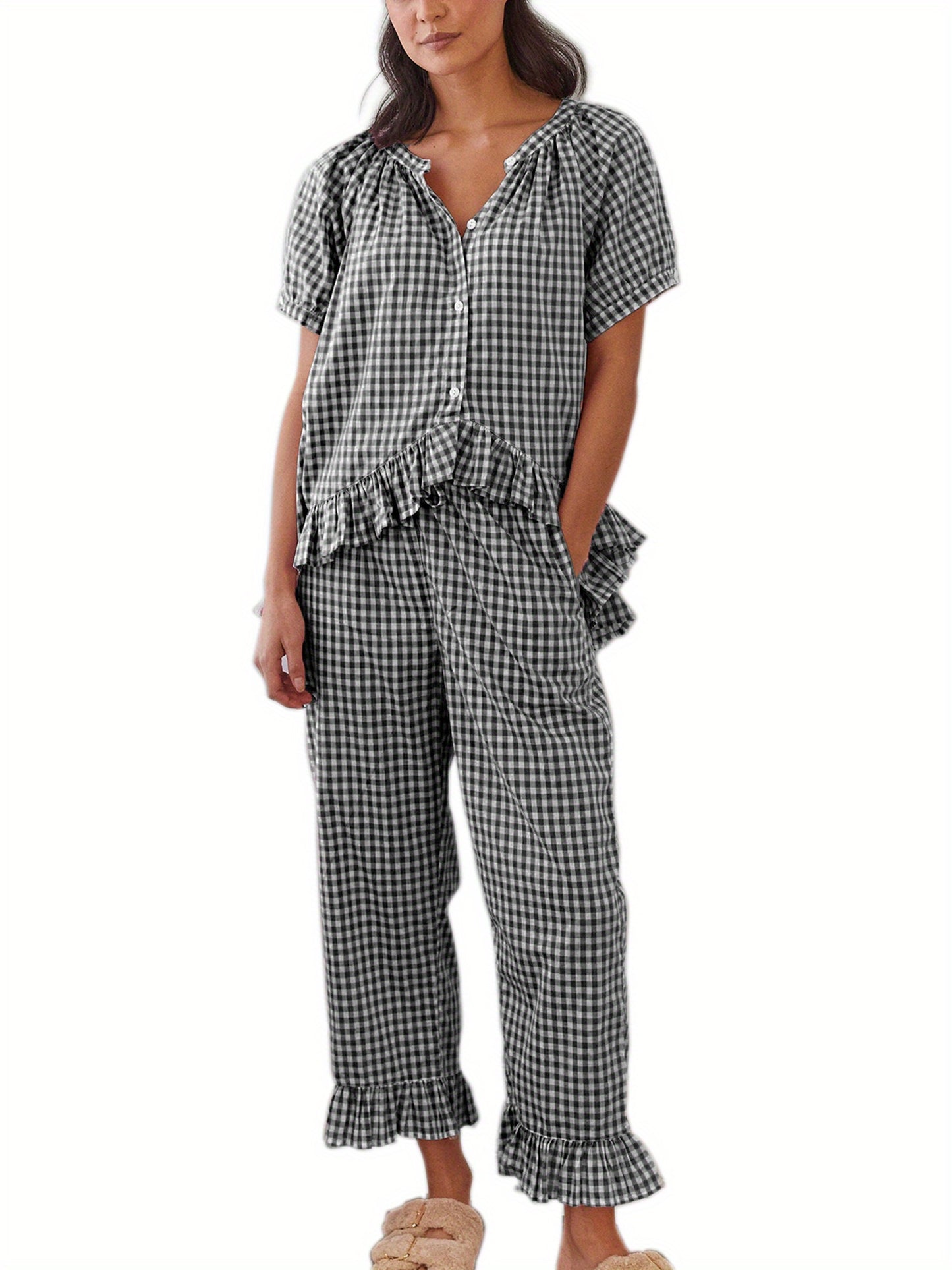 Womens 2pcs Pajama Set Short Sleeve Plaid Print Button Up Shirt + Ruffle Pants Set Sleepwear Loungewear