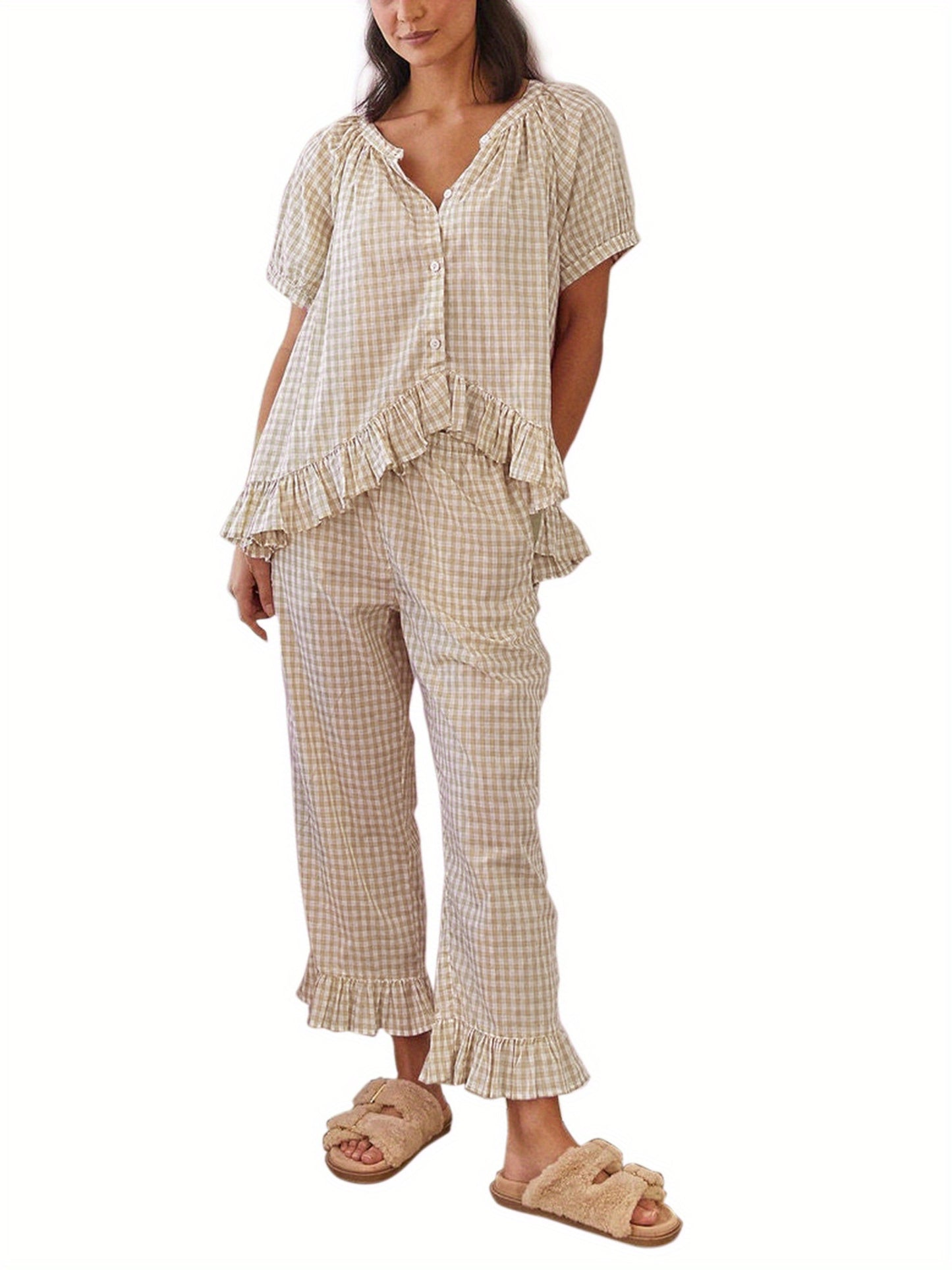 Womens 2pcs Pajama Set Short Sleeve Plaid Print Button Up Shirt + Ruffle Pants Set Sleepwear Loungewear