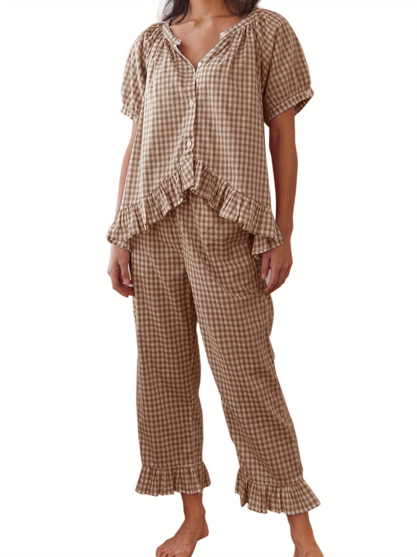 Womens 2pcs Pajama Set Short Sleeve Plaid Print Button Up Shirt + Ruffle Pants Set Sleepwear Loungewear