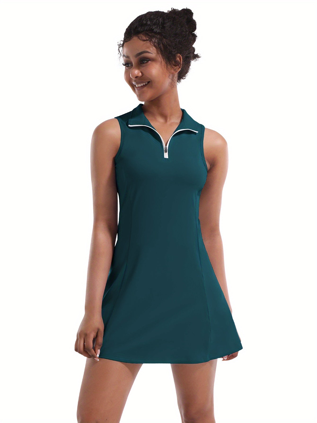 Women's High-Stretch Nylon-Spandex Tennis & Golf Dress with Built-In Shorts & Pockets - Sleeveless Half-Zip Athletic Workout Dress, Breathable Quick-Dry Sportswear for Running, Volleyball, Casual Wear - Spring\u002FSummer Athletic Outfit