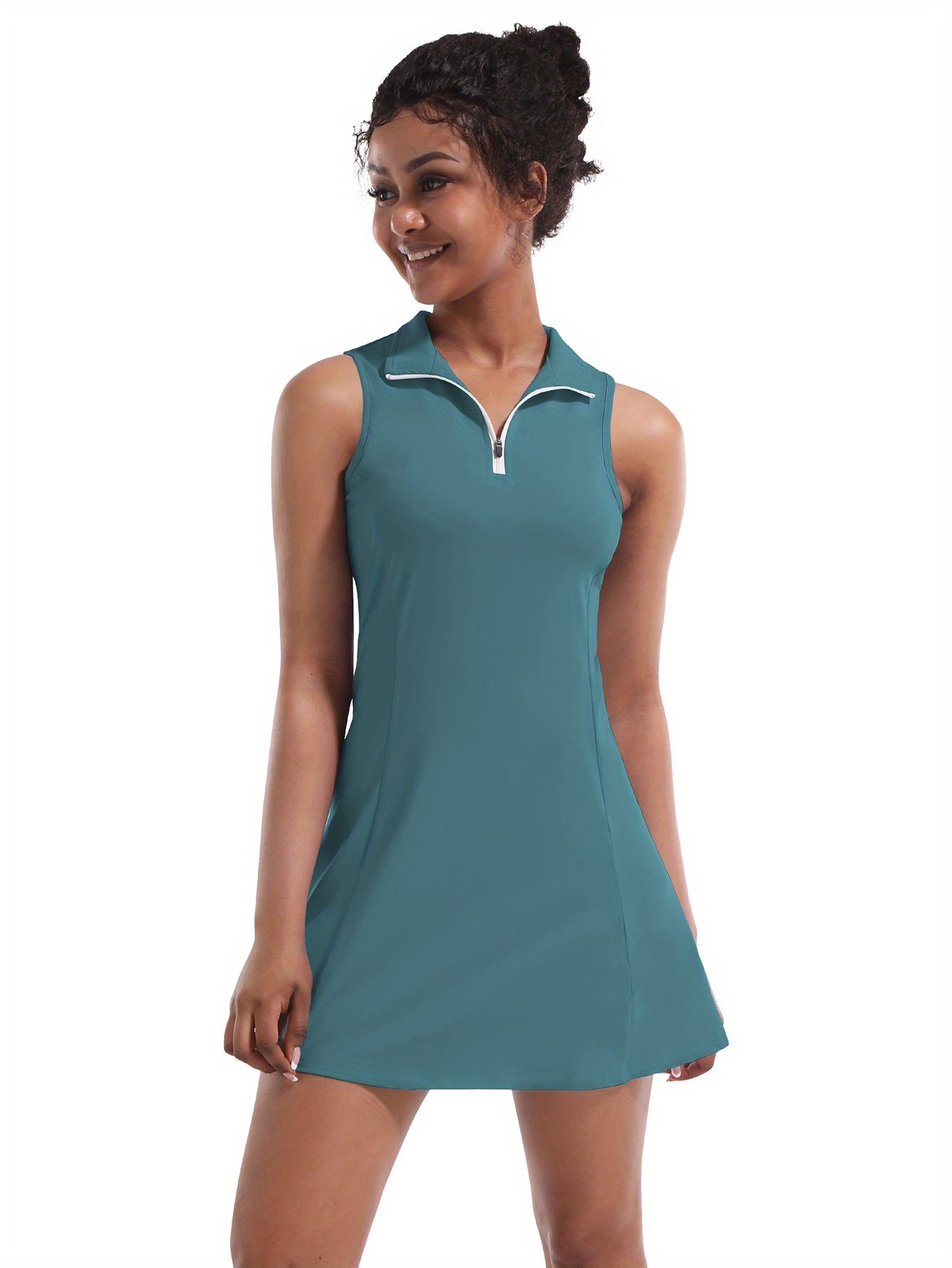 Women's High-Stretch Nylon-Spandex Tennis & Golf Dress with Built-In Shorts & Pockets - Sleeveless Half-Zip Athletic Workout Dress, Breathable Quick-Dry Sportswear for Running, Volleyball, Casual Wear - Spring\u002FSummer Athletic Outfit
