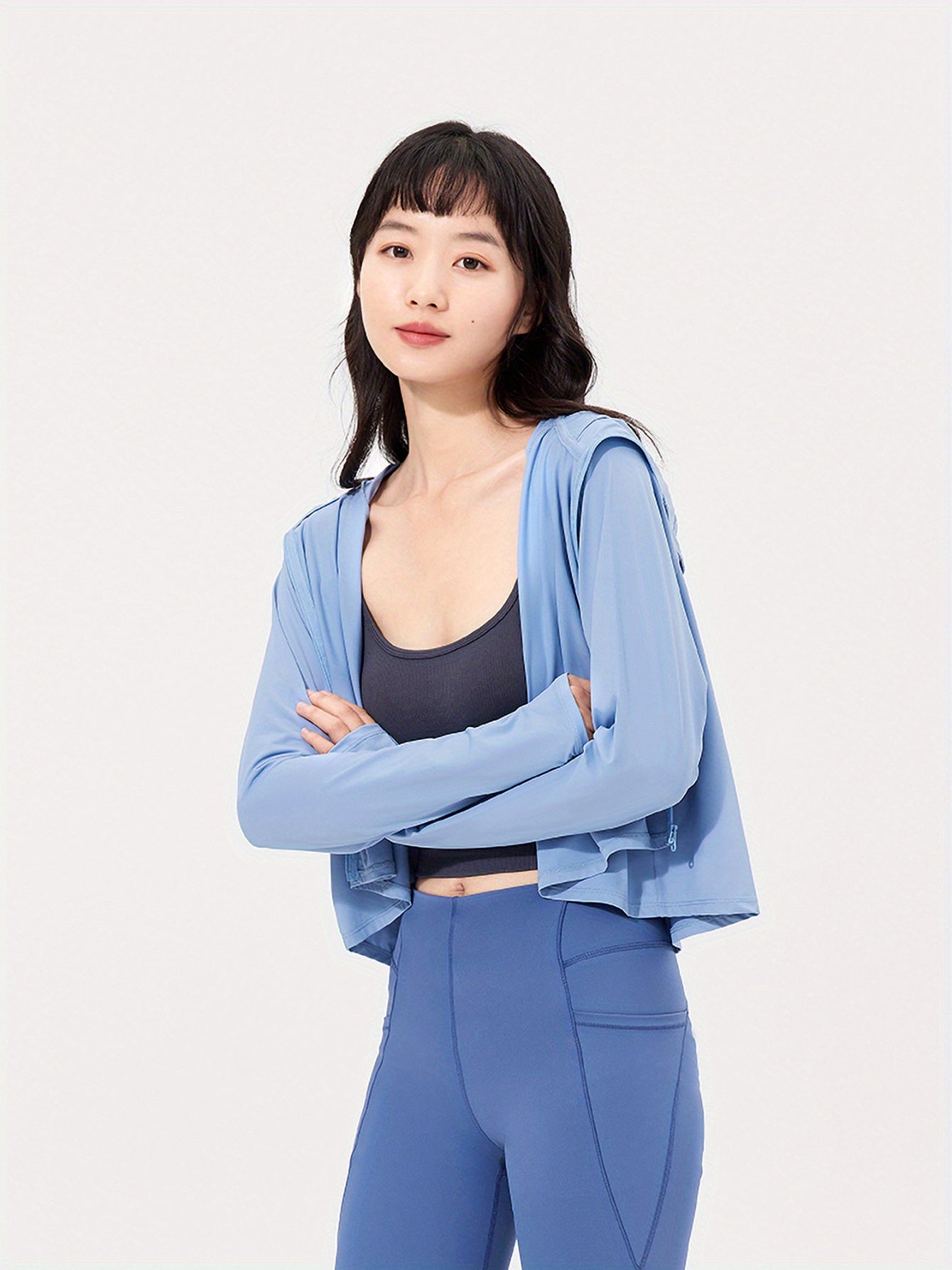UPF 50+ Women's Sun Protection Hoodie - Light Blue, Long Sleeve, Breathable & Quick-Dry Polyester Shirt Dress with Thumb Holes, Front Pockets for Beach, Fishing, Hiking, Sun Protection Shirt