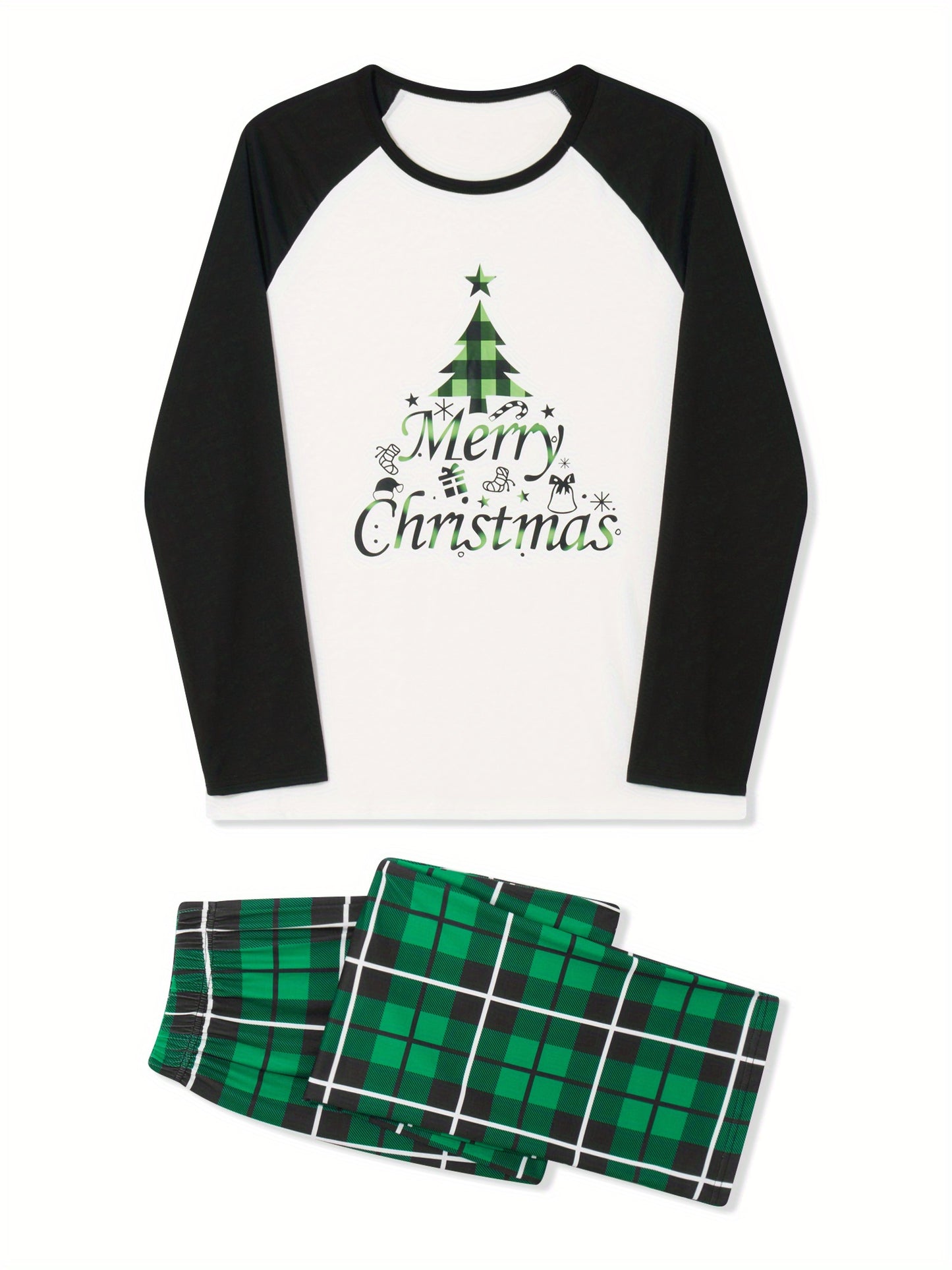 Women Soft Cozy Christmas Pajamas Pants Outfits - Long Sleeve Tree Print Raglan Tops + Plaid Pants Set Winter Loungewear