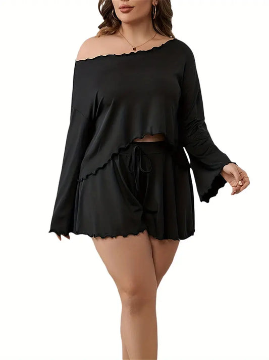 Women'S Plus Size Loungewear Set - Off-Shoulder Long Sleeve Top & Elastic Waist Shorts, Solid Black Casual Summer Sleepwear, Soft Polyester Blend