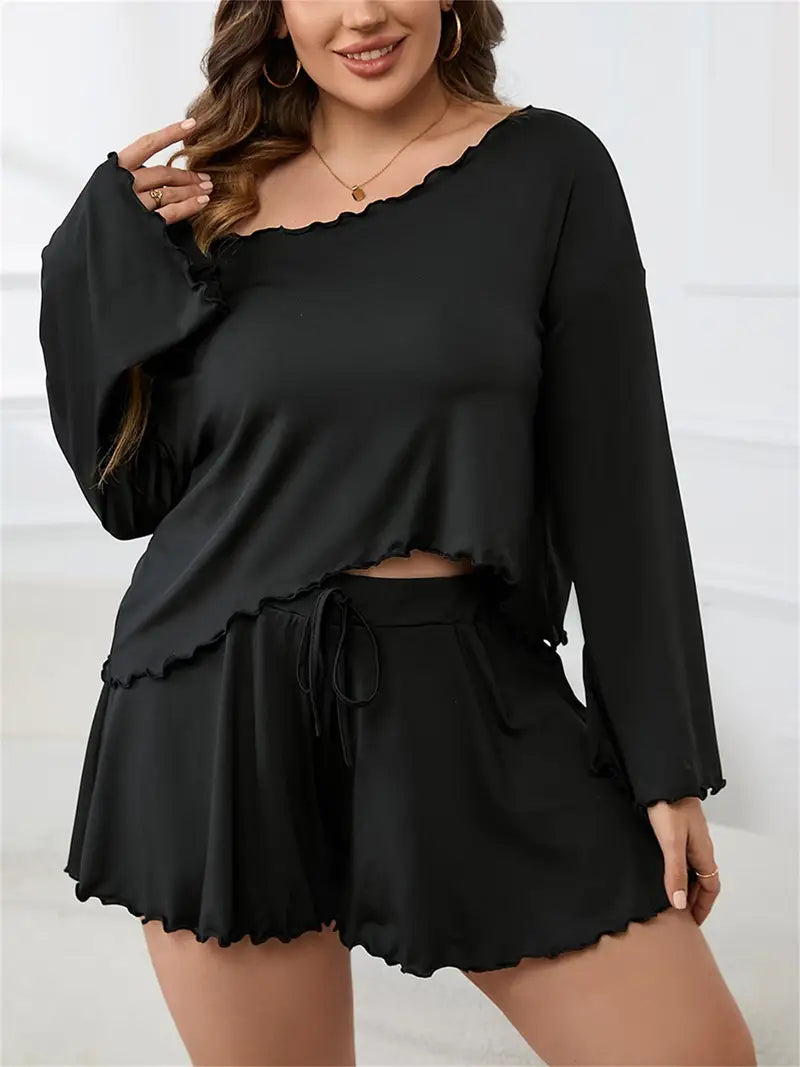 Women'S Plus Size Loungewear Set - Off-Shoulder Long Sleeve Top & Elastic Waist Shorts, Solid Black Casual Summer Sleepwear, Soft Polyester Blend