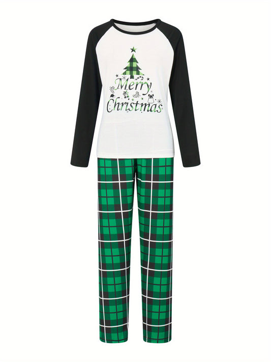 Women Soft Cozy Christmas Pajamas Pants Outfits - Long Sleeve Tree Print Raglan Tops + Plaid Pants Set Winter Loungewear