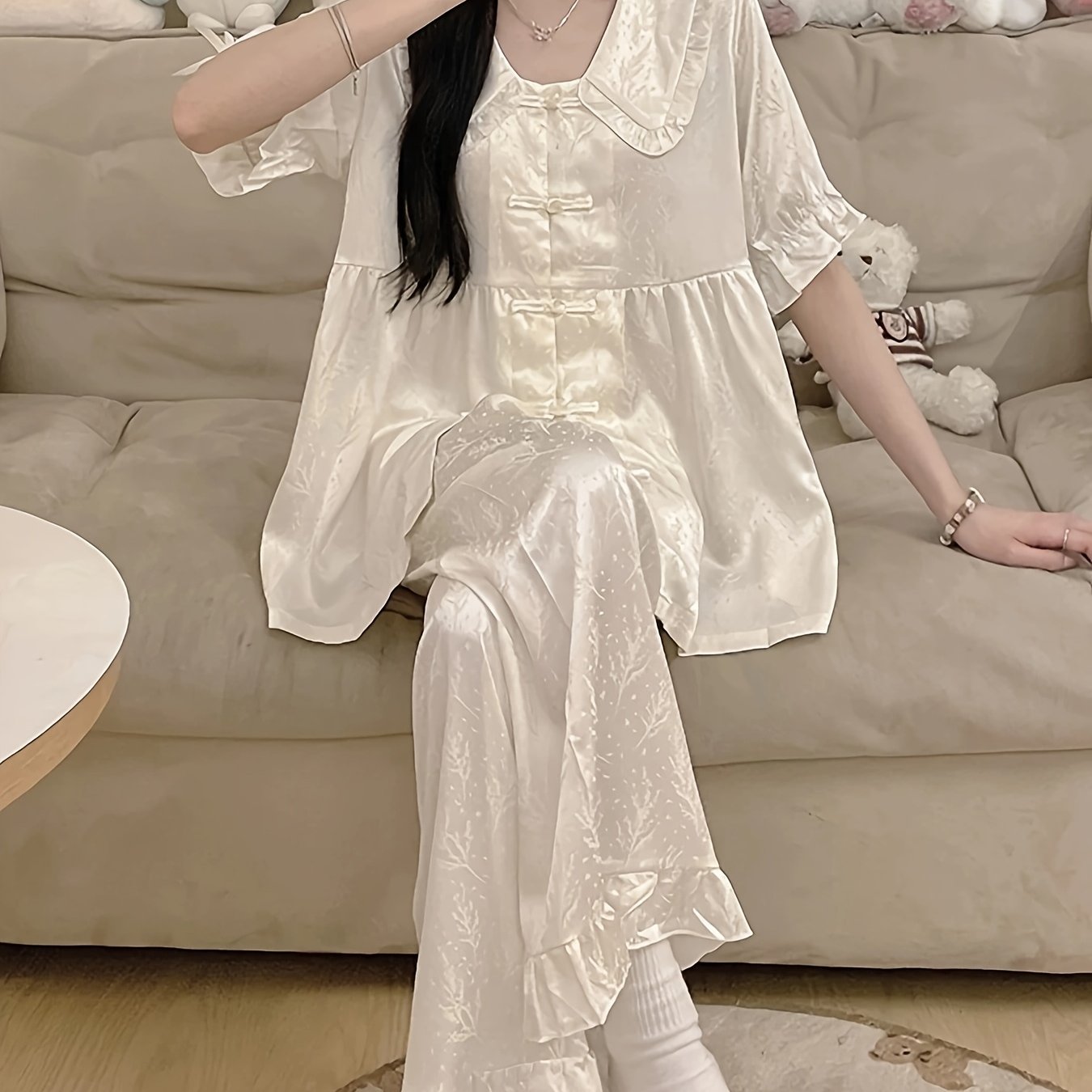 2025 New Chinese Style Summer Pajamas for Women: Ice Sliky Fiber Fabric Short-Sleeve Collar Court Lace Sweet Luxury Home Wear