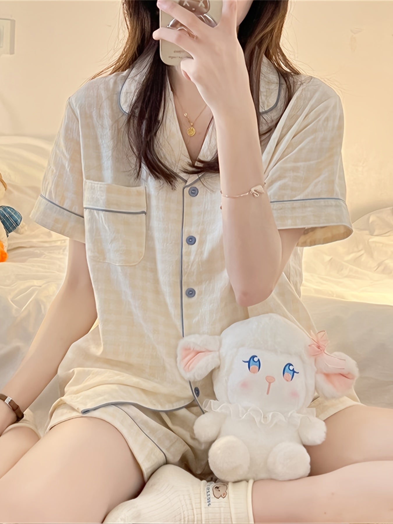 ins Sweet Style Yellow Plaid Short Sleeve 2pcs Set 2025 New Home Clothes Comfortable and Wearable