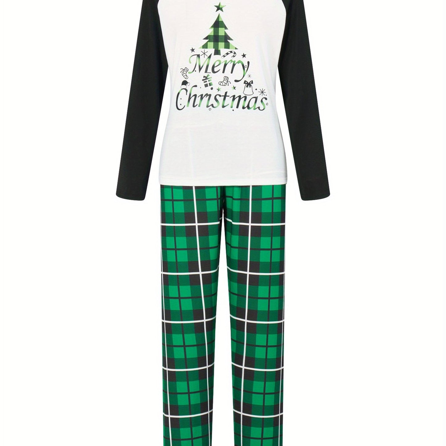 Women Soft Cozy Christmas Pajamas Pants Outfits - Long Sleeve Tree Print Raglan Tops + Plaid Pants Set Winter Loungewear