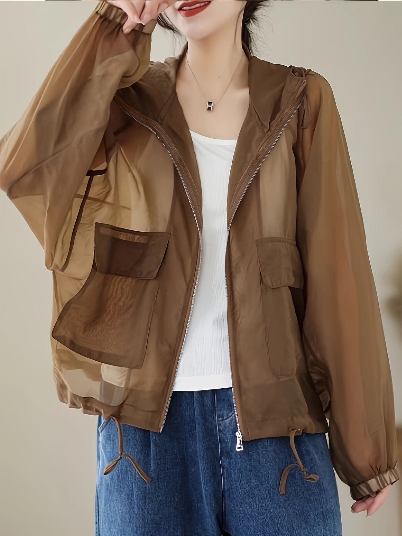 Women'S Lightweight Breathable Sun Protection Hooded Jacket - Casual Solid Color Zip-Up Long Sleeve Outerwear with Drawstring Detail, Spring\u002FSummer Collection, Loose Fit, Polyester Fabric