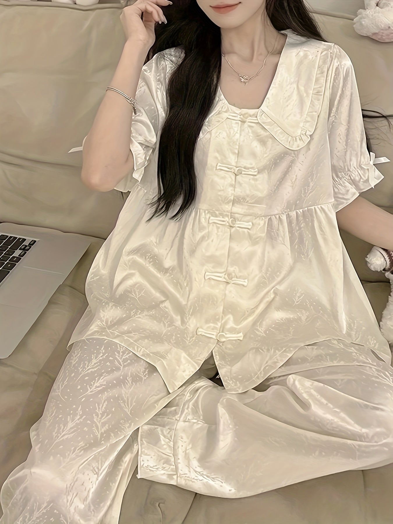 2025 New Chinese Style Summer Pajamas for Women: Ice Sliky Fiber Fabric Short-Sleeve Collar Court Lace Sweet Luxury Home Wear