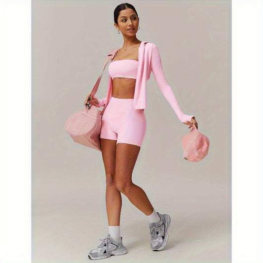 2pcs Workout Sets for Women High Waisted Shorts Long Sleeve Athletic UPF 50+ Jacket Gym Yoga Outfit