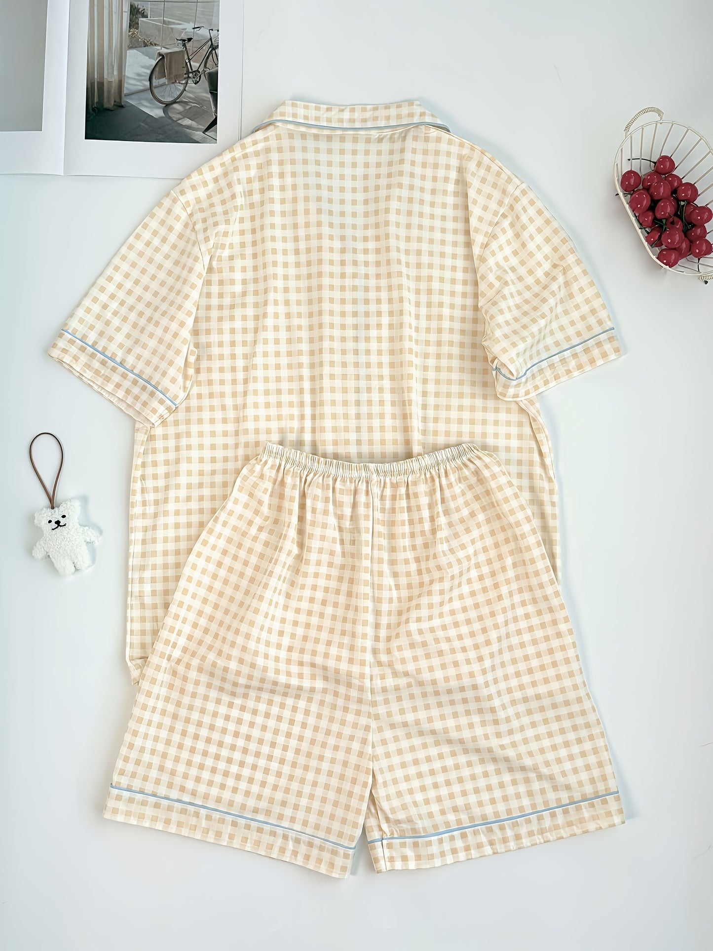 ins Sweet Style Yellow Plaid Short Sleeve 2pcs Set 2025 New Home Clothes Comfortable and Wearable
