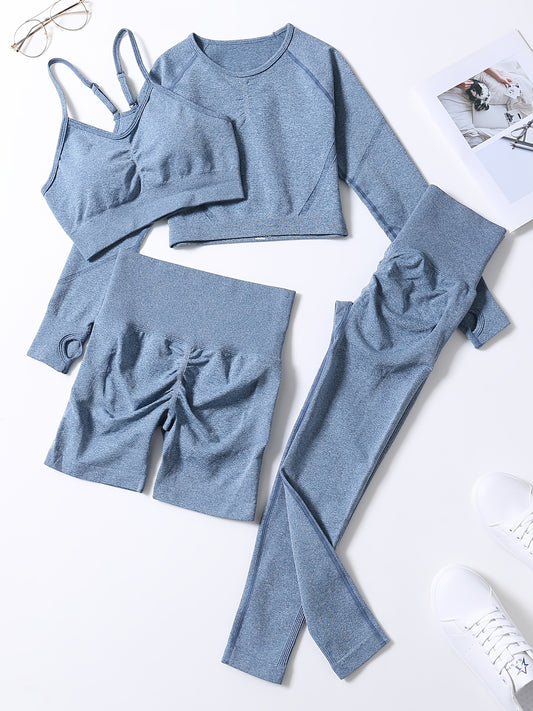 Smiling Face Style Workout Outfits for Women 4pcs Ribbed Seamless Crop Tank High Waist Yoga Leggings Sets