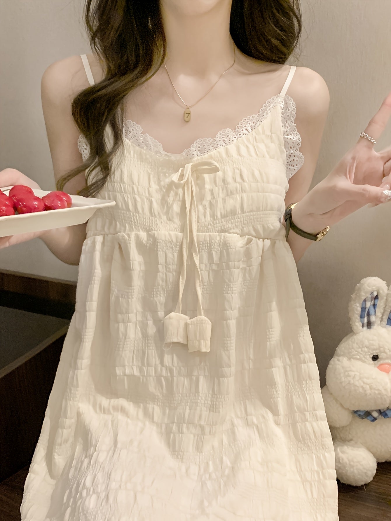 Elegant Off-Shoulder Mini Nightgown with Lace Trim - Sexy Solid Beige Cami Sleep Dress for Women, Soft Polyester Fabric, Summer Sleepwear and Loungewear, Casual Loungewear | Feminine Sleepwear | Polyester Nightgown