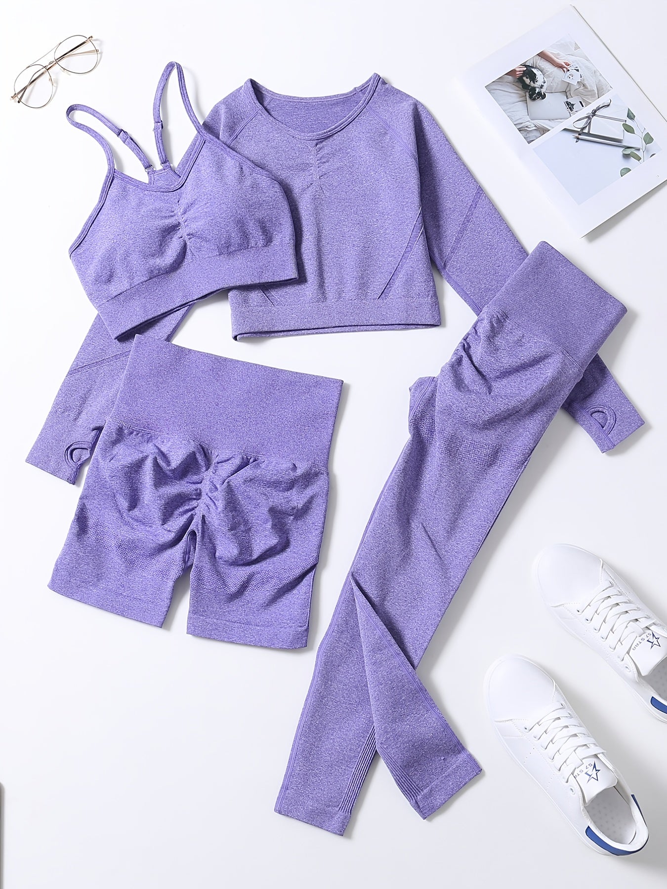 Smiling Face Style Workout Outfits for Women 4pcs Ribbed Seamless Crop Tank High Waist Yoga Leggings Sets