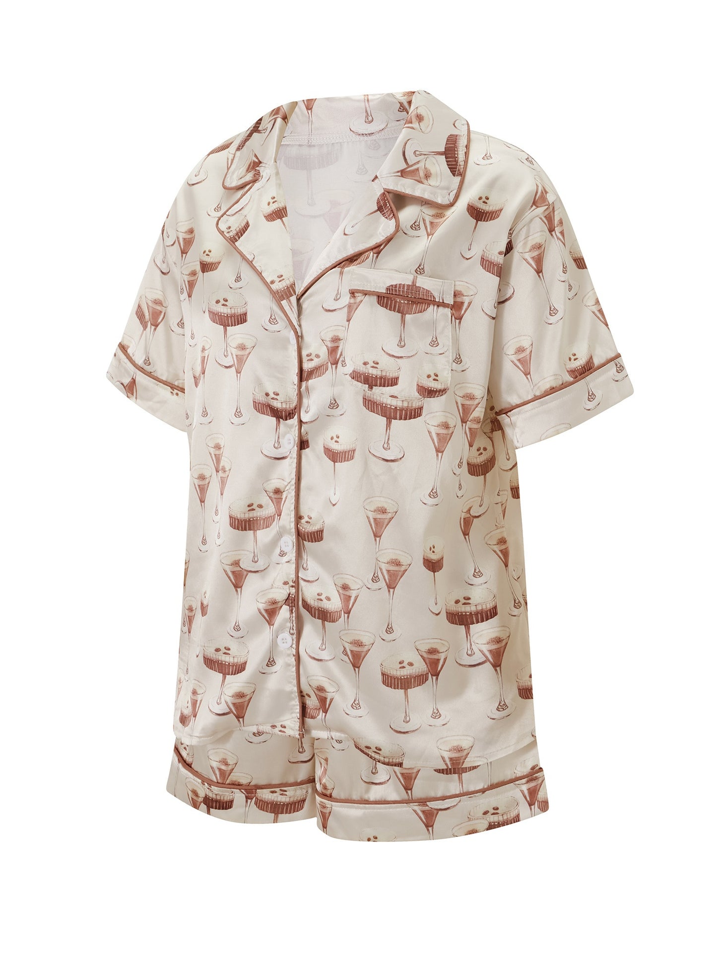 Women'S 2pcs Pajama Set, Polyester Lounge Wear with Guitar\u002FButterfly\u002FGoblet\u002FCroissant Print, Short Sleeve Top & Shorts Sleepwear Outfit, Casual All-Season Nightwear with Collared Shirt, Woven