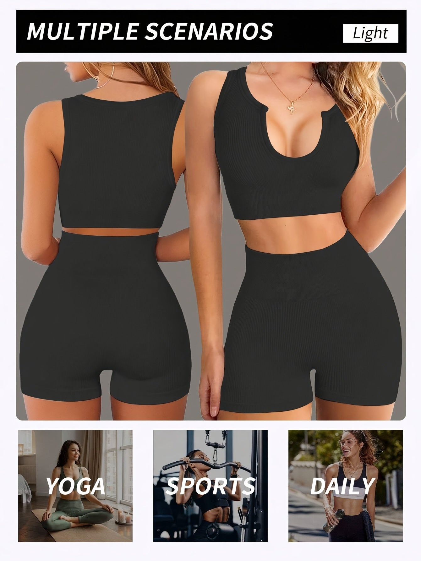 Women's 2pcs Sets Notch V Neck Crop Top Seamless Ribbed Yoga Bra & Tummy Control High Waist Shorts Set