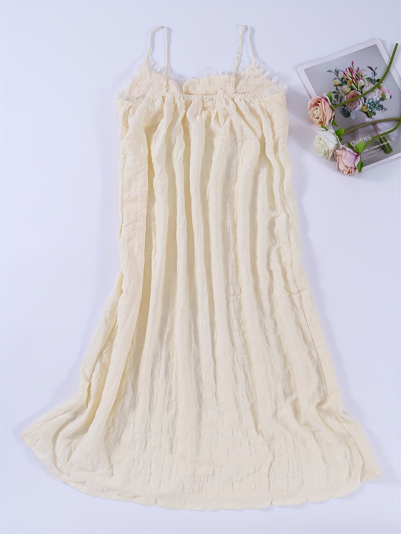 Elegant Off-Shoulder Mini Nightgown with Lace Trim - Sexy Solid Beige Cami Sleep Dress for Women, Soft Polyester Fabric, Summer Sleepwear and Loungewear, Casual Loungewear | Feminine Sleepwear | Polyester Nightgown