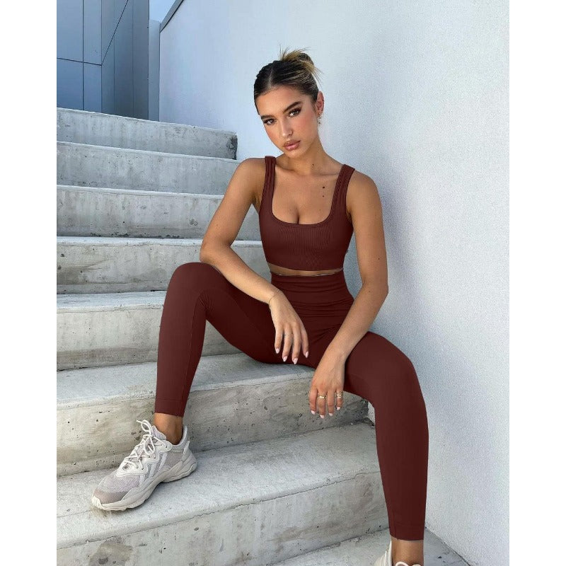 Ribbed Workout Outfits for Women 2 Piece Seamless Sport Bra High Waist Yoga Leggings Sets