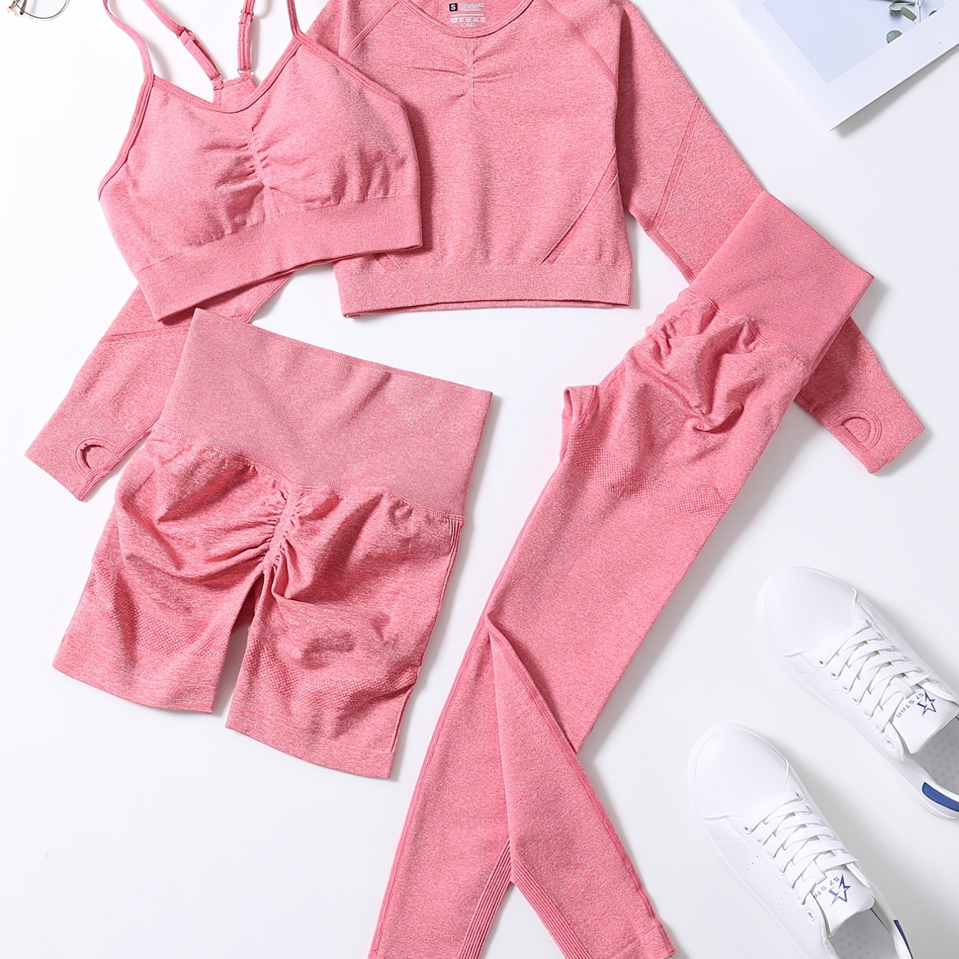Smiling Face Style Workout Outfits for Women 4pcs Ribbed Seamless Crop Tank High Waist Yoga Leggings Sets