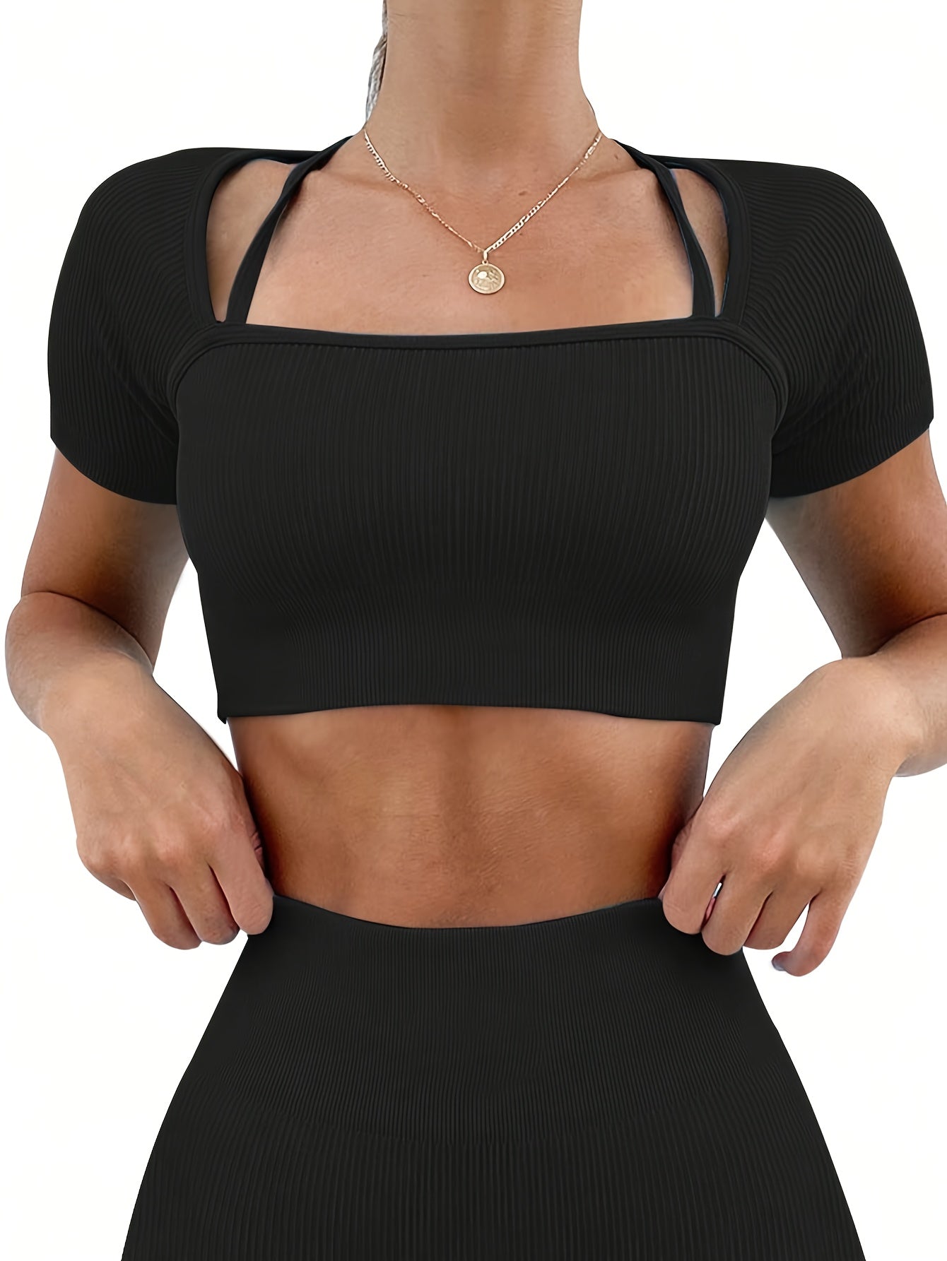 2pcs-Womens Workout Sets Square Neck Short Sleeve Shirts Ribbed Slim Fitted Seamless Yoga Outfits Shorts And Crop Top Matching Gym Athletic Clothing Set