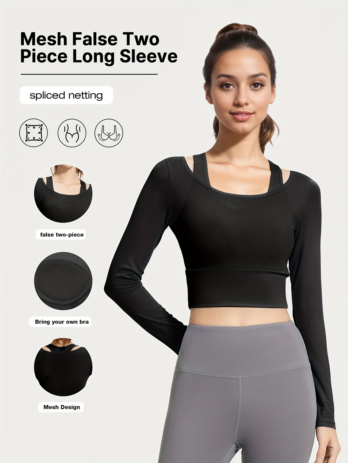 3 Colors New Spring\u002FSummer Mesh Two-Piece Yoga Set with Fixed Bra, Long Sleeve Women's Yoga Top, Slimming Elastic Waist Shaper, No-Bra Workout Fitness Shirt