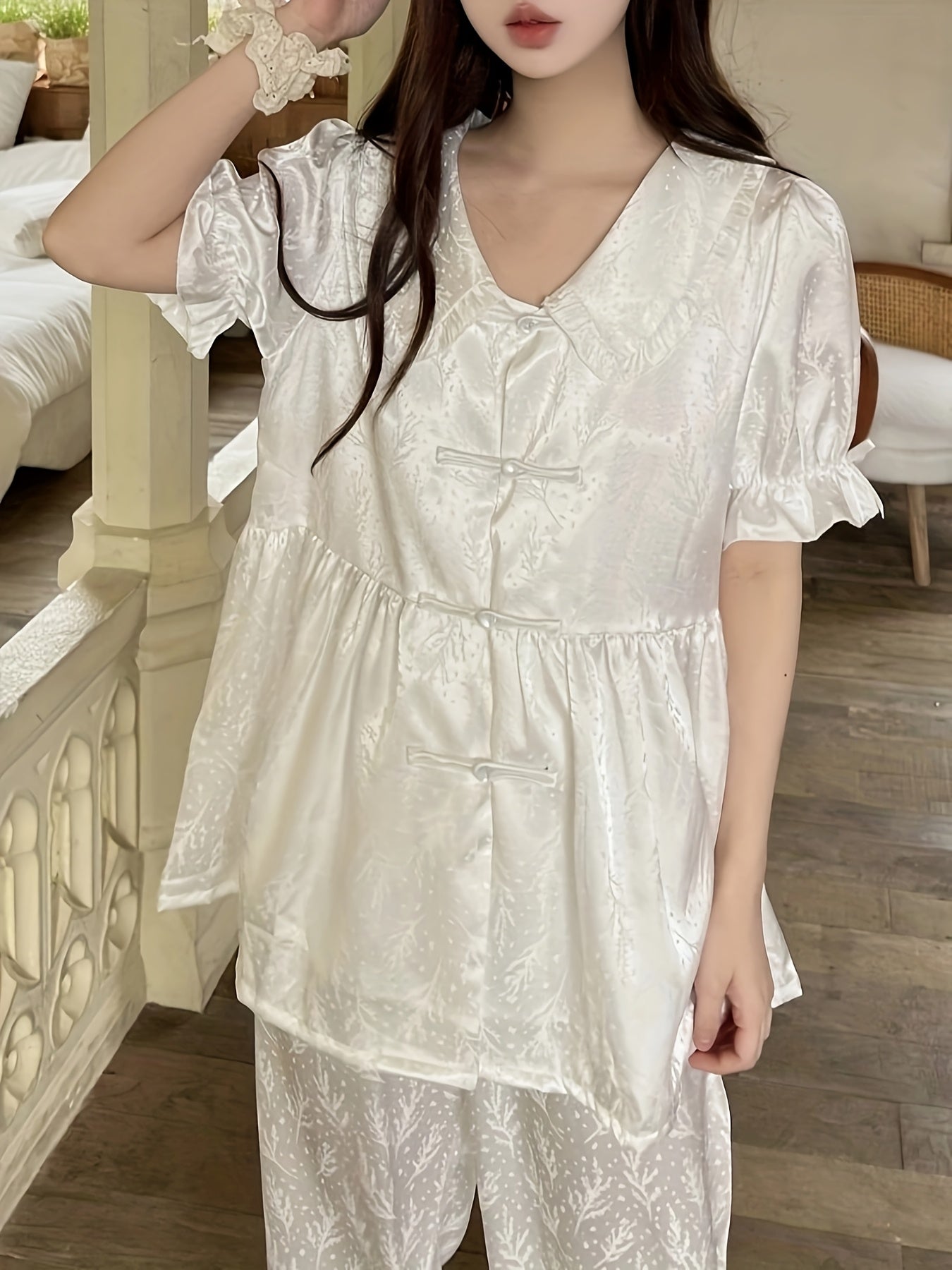 2025 New Chinese Style Summer Pajamas for Women: Ice Sliky Fiber Fabric Short-Sleeve Collar Court Lace Sweet Luxury Home Wear