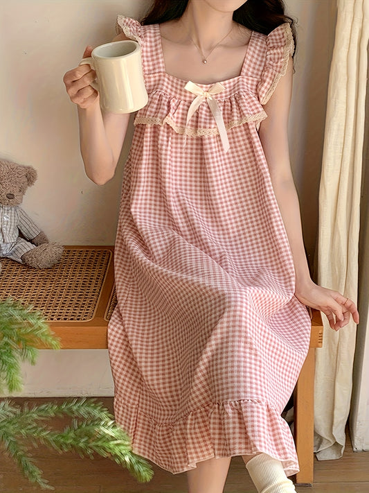 2025 Little Flying Sleeve Nightgown for Women, Summer Plaid Long Sweet and Cute Fresh Princess Style Home Wear with Built-in Bra