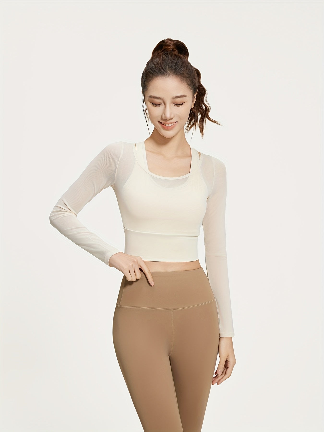 3 Colors New Spring\u002FSummer Mesh Two-Piece Yoga Set with Fixed Bra, Long Sleeve Women's Yoga Top, Slimming Elastic Waist Shaper, No-Bra Workout Fitness Shirt
