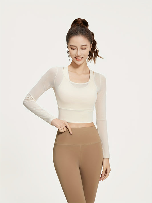 3 Colors New Spring\u002FSummer Mesh Two-Piece Yoga Set with Fixed Bra, Long Sleeve Women's Yoga Top, Slimming Elastic Waist Shaper, No-Bra Workout Fitness Shirt