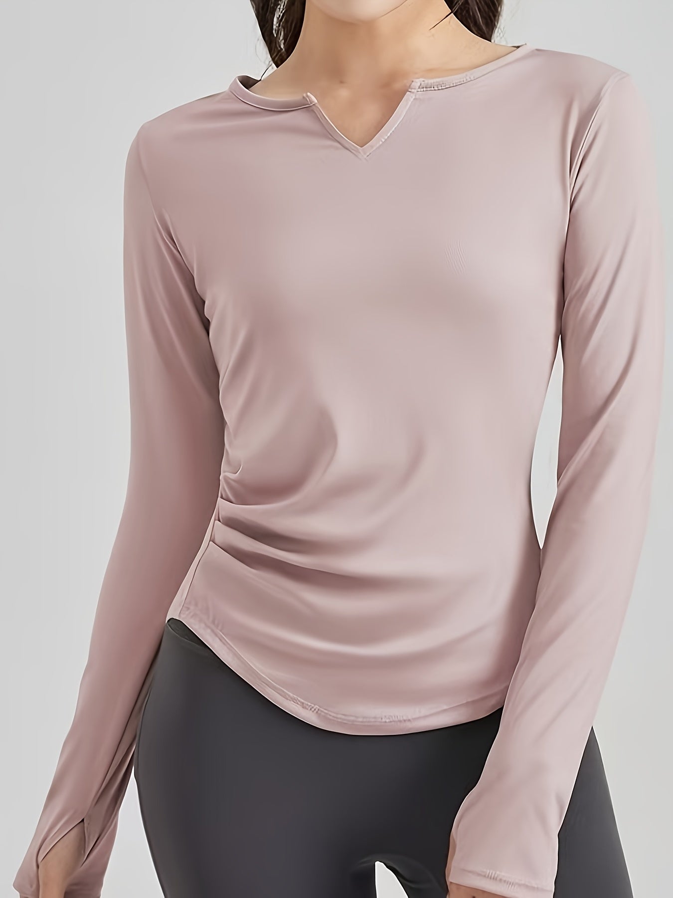 Women's Quick-Dry Sweat Absorbent Long Sleeve Workout Top - V-Neck Thumb Button Yoga Shirt with Ruching Detail, Slim Fit for Pilates, Running & Training, All-Season Machine Washable Fitness Apparel, Athletic Vneckline, Ruched Sportswear, Stretchy Fabric