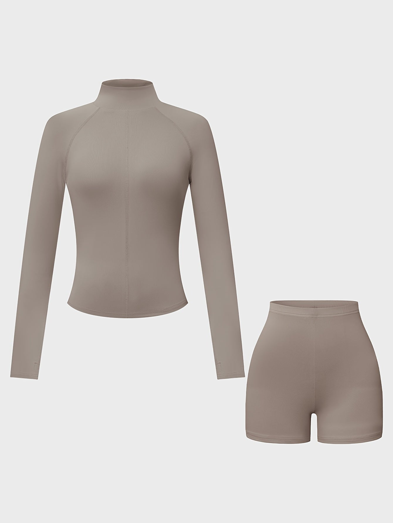 Fashionable Women's 2pcs Yoga Sports Suit, Elegant Small Turtleneck, High Waist Sports Shorts, High Elasticity, Suitable for Running, Yoga, Cycling, Fitness, Studio, Casual Outing, Evening Date, Daily Wear