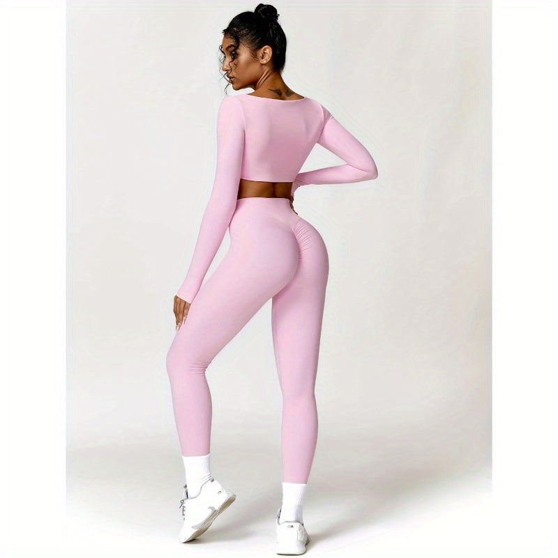 Women'S 2pcs Workout Set - Square Neck Long Sleeve Crop Top & High Waist Flared Leggings, Purple Gym Set for Fitness & Training, Non- Fabric, Workout Clothes, Training Apparel, Sleek Sportswear, Comfortable Fit