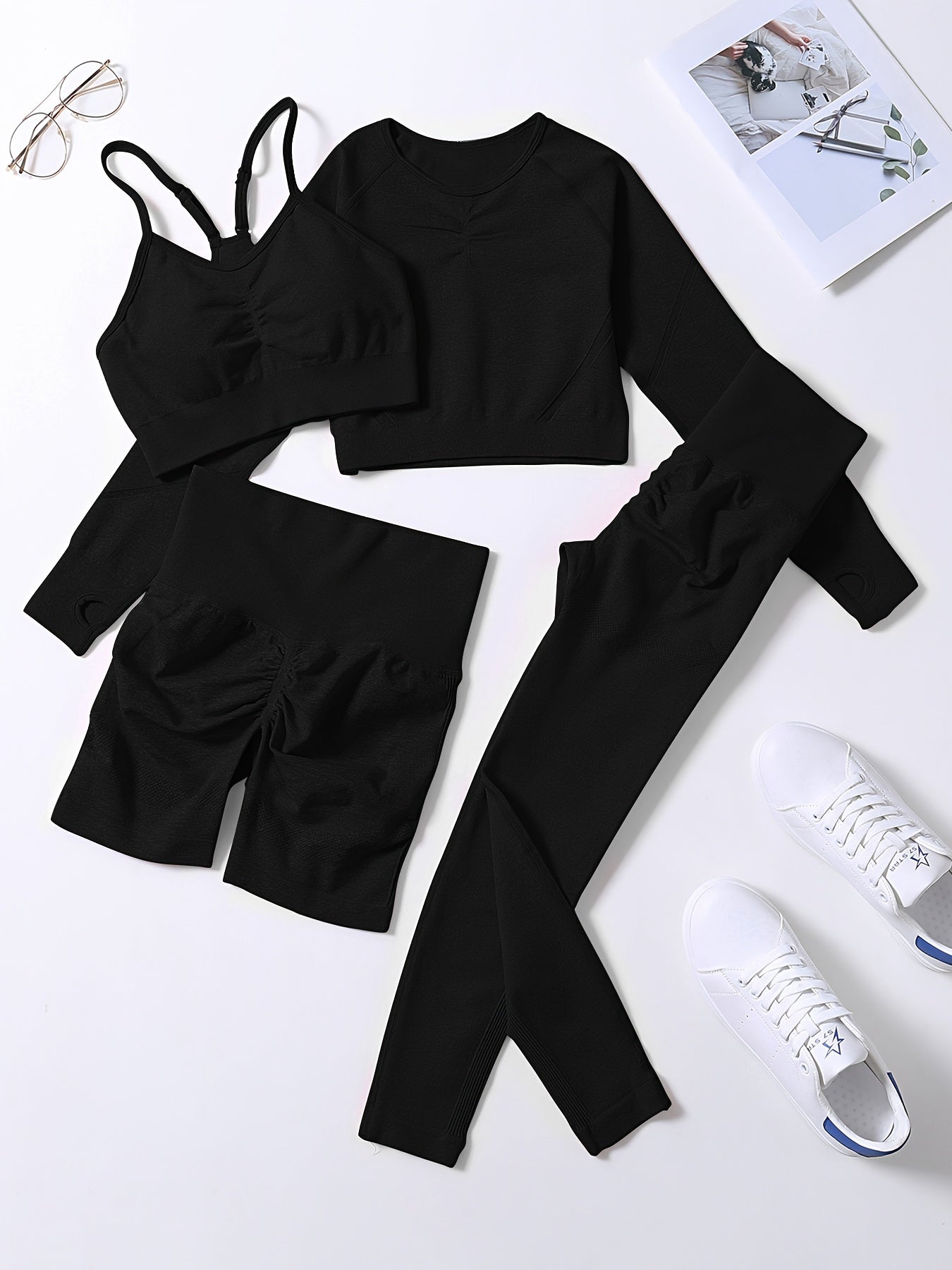 Smiling Face Style Workout Outfits for Women 4pcs Ribbed Seamless Crop Tank High Waist Yoga Leggings Sets