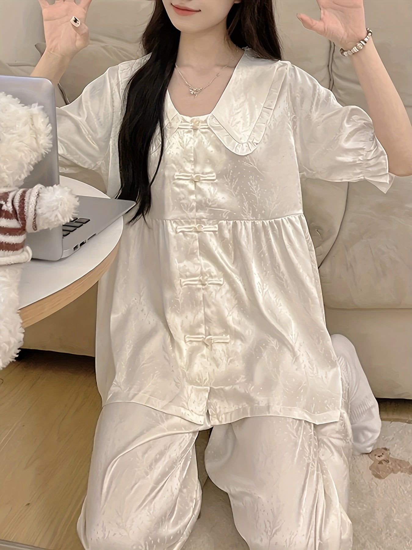 2025 New Chinese Style Summer Pajamas for Women: Ice Sliky Fiber Fabric Short-Sleeve Collar Court Lace Sweet Luxury Home Wear