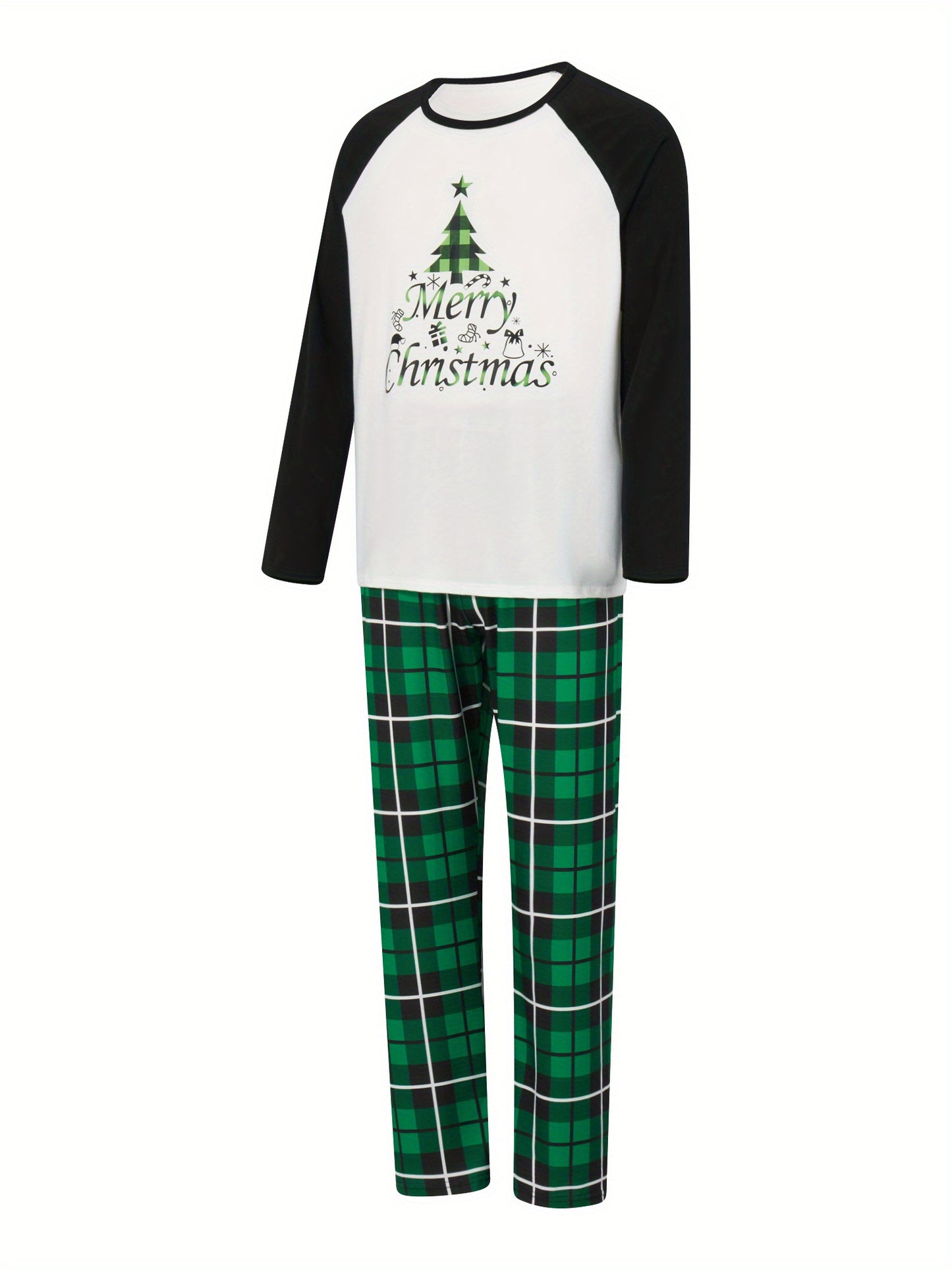 Women Soft Cozy Christmas Pajamas Pants Outfits - Long Sleeve Tree Print Raglan Tops + Plaid Pants Set Winter Loungewear