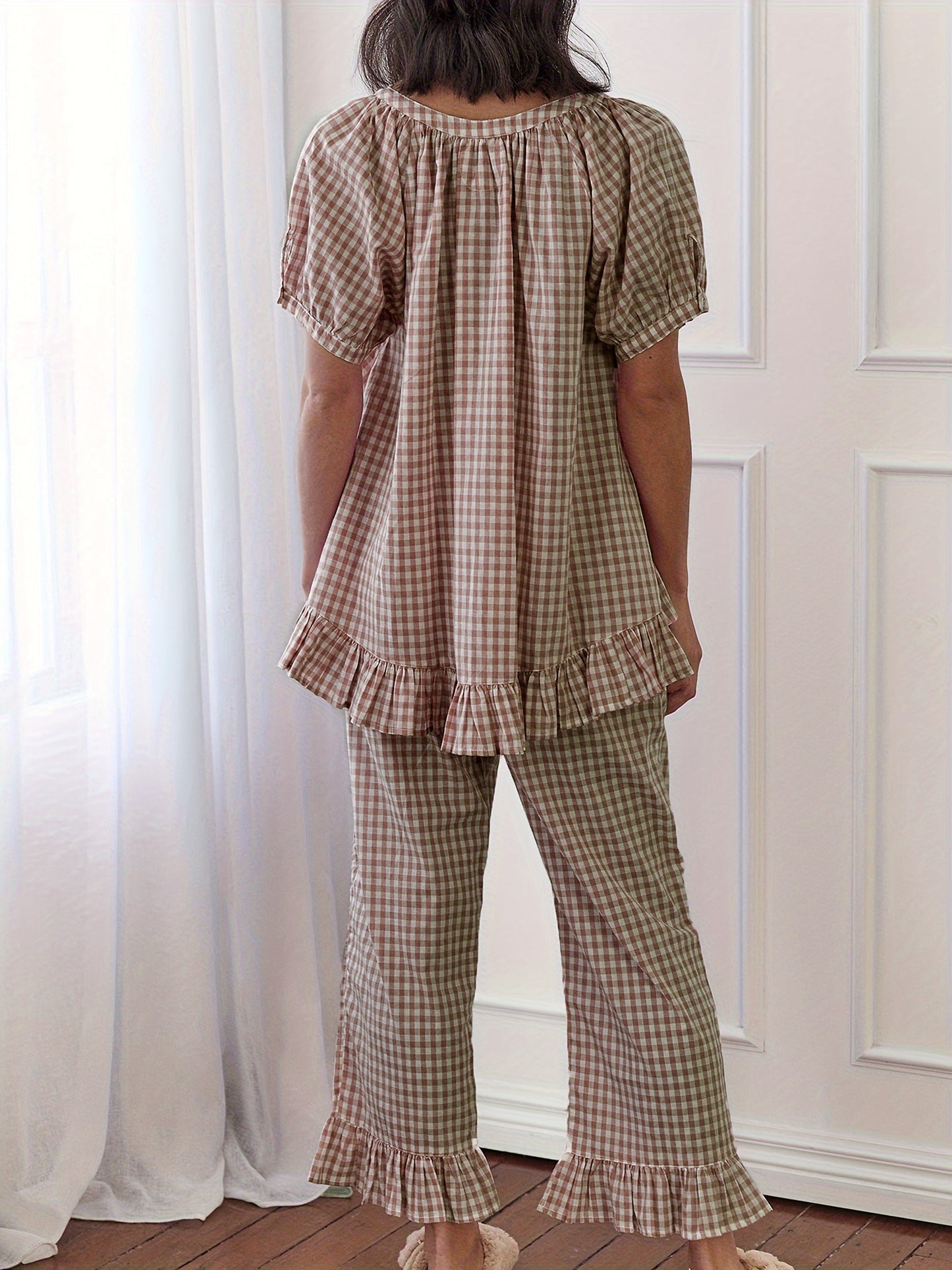 Womens 2pcs Pajama Set Short Sleeve Plaid Print Button Up Shirt + Ruffle Pants Set Sleepwear Loungewear