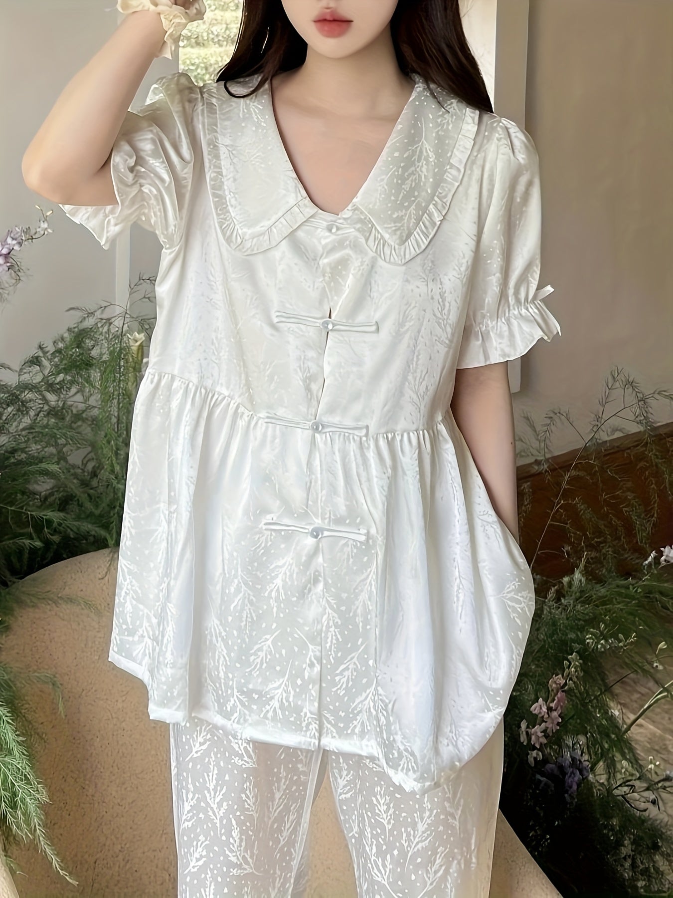 2025 New Chinese Style Summer Pajamas for Women: Ice Sliky Fiber Fabric Short-Sleeve Collar Court Lace Sweet Luxury Home Wear